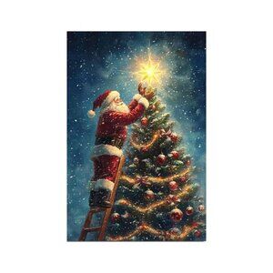 Santa Claus and Christmas Tree Unframed Canvas Wall Art  16" X 24"